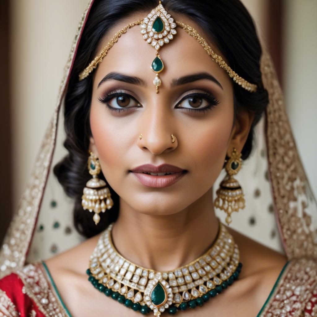 A stunning image of beautiful indian bride with intricate jewelry.