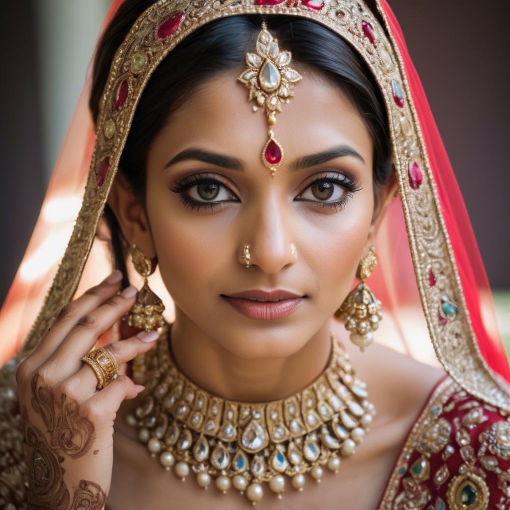 A stunning image of beautiful indian bride with intricate jewelry.