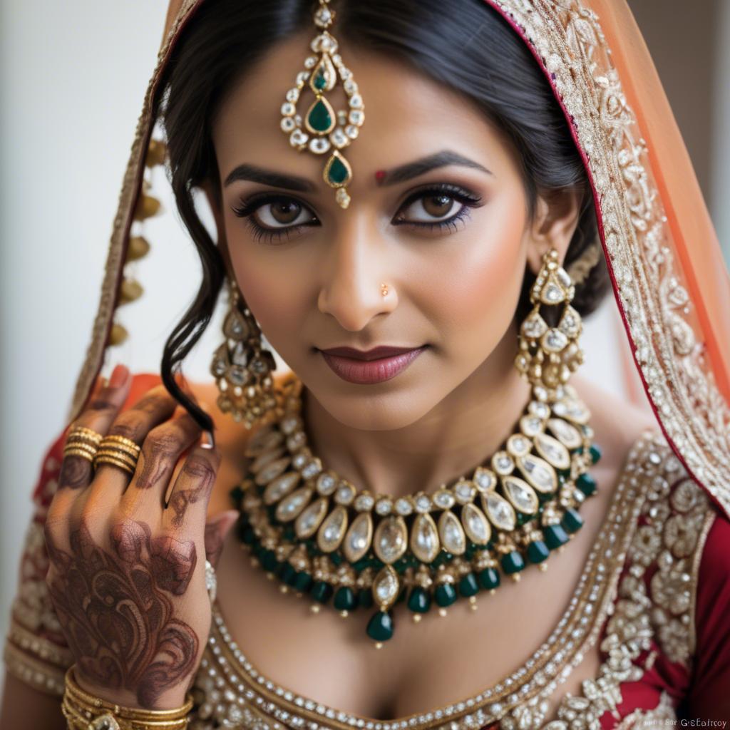 A stunning image of beautiful indian bride with intricate jewelry.