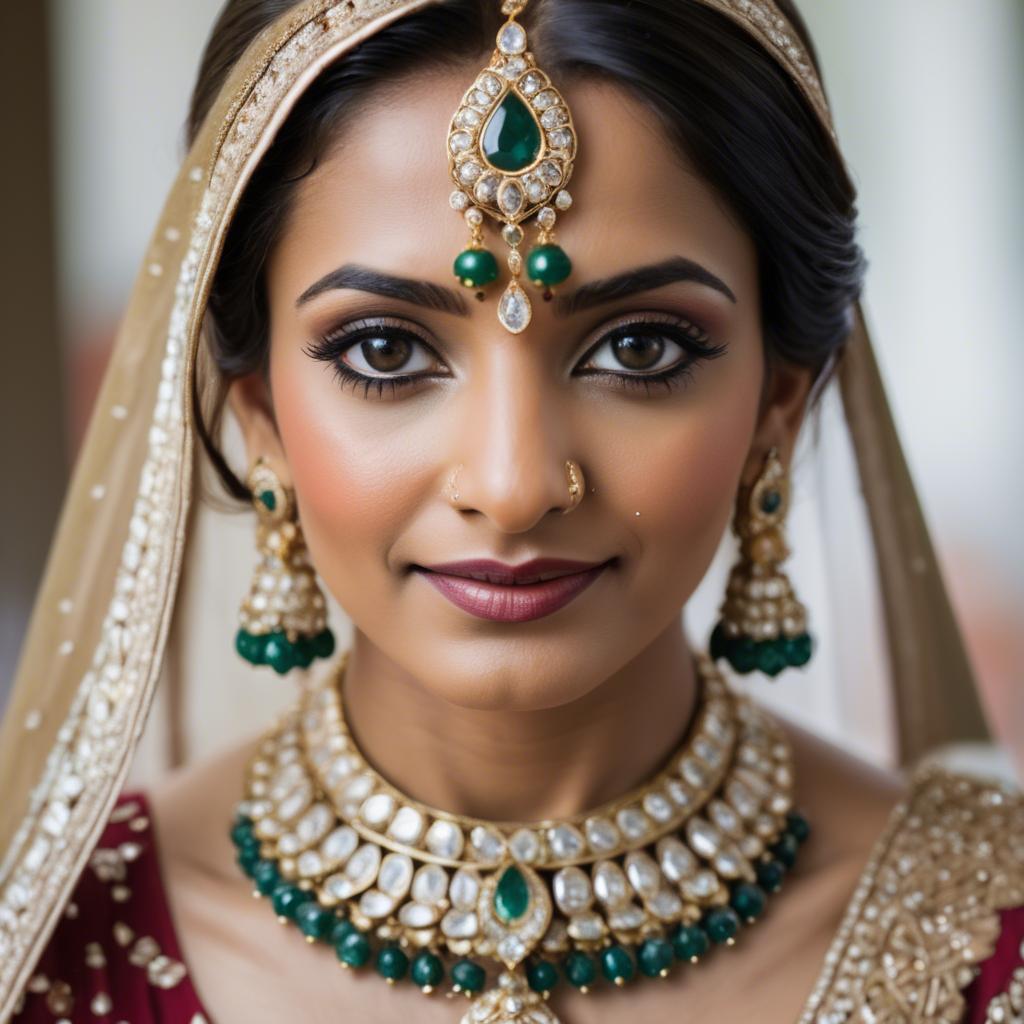 A stunning image of beautiful indian bride with intricate jewelry.