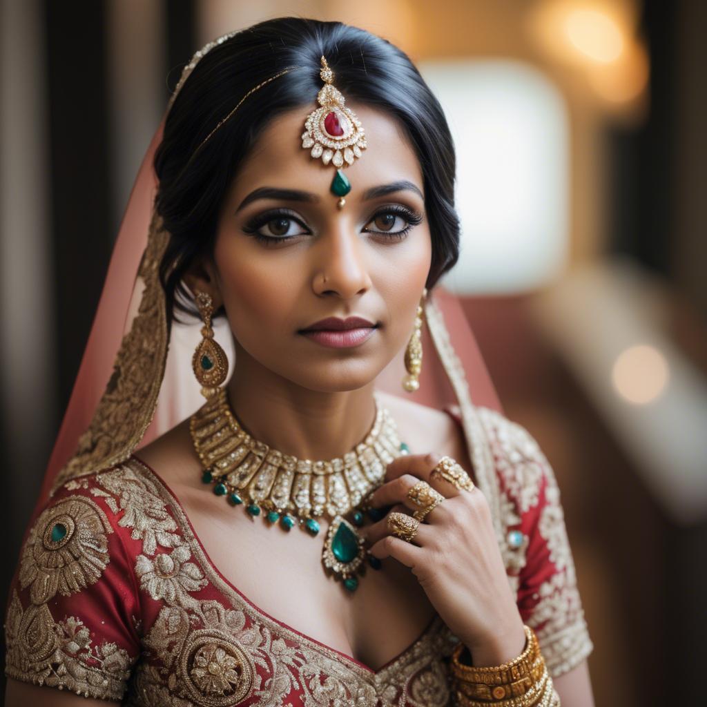 A stunning image of beautiful indian bride with intricate jewelry.