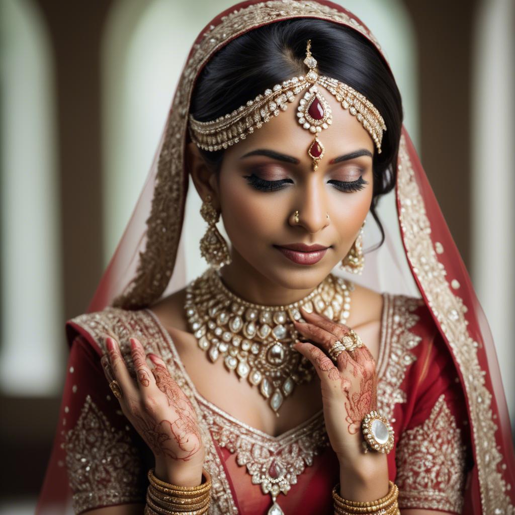 A stunning image of beautiful indian bride with intricate jewelry.
