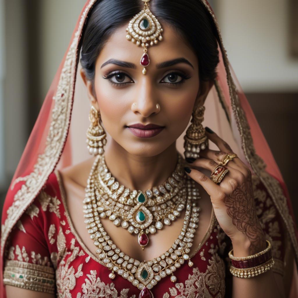 A stunning image of beautiful indian bride with intricate jewelry.