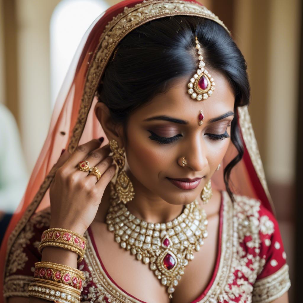 A stunning image of beautiful indian bride with intricate jewelry.