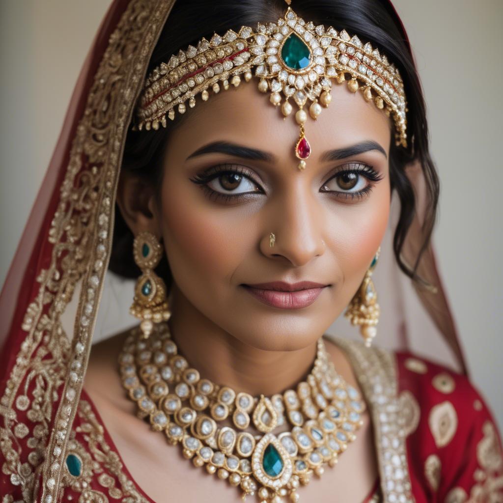 A stunning image of beautiful indian bride with intricate jewelry.