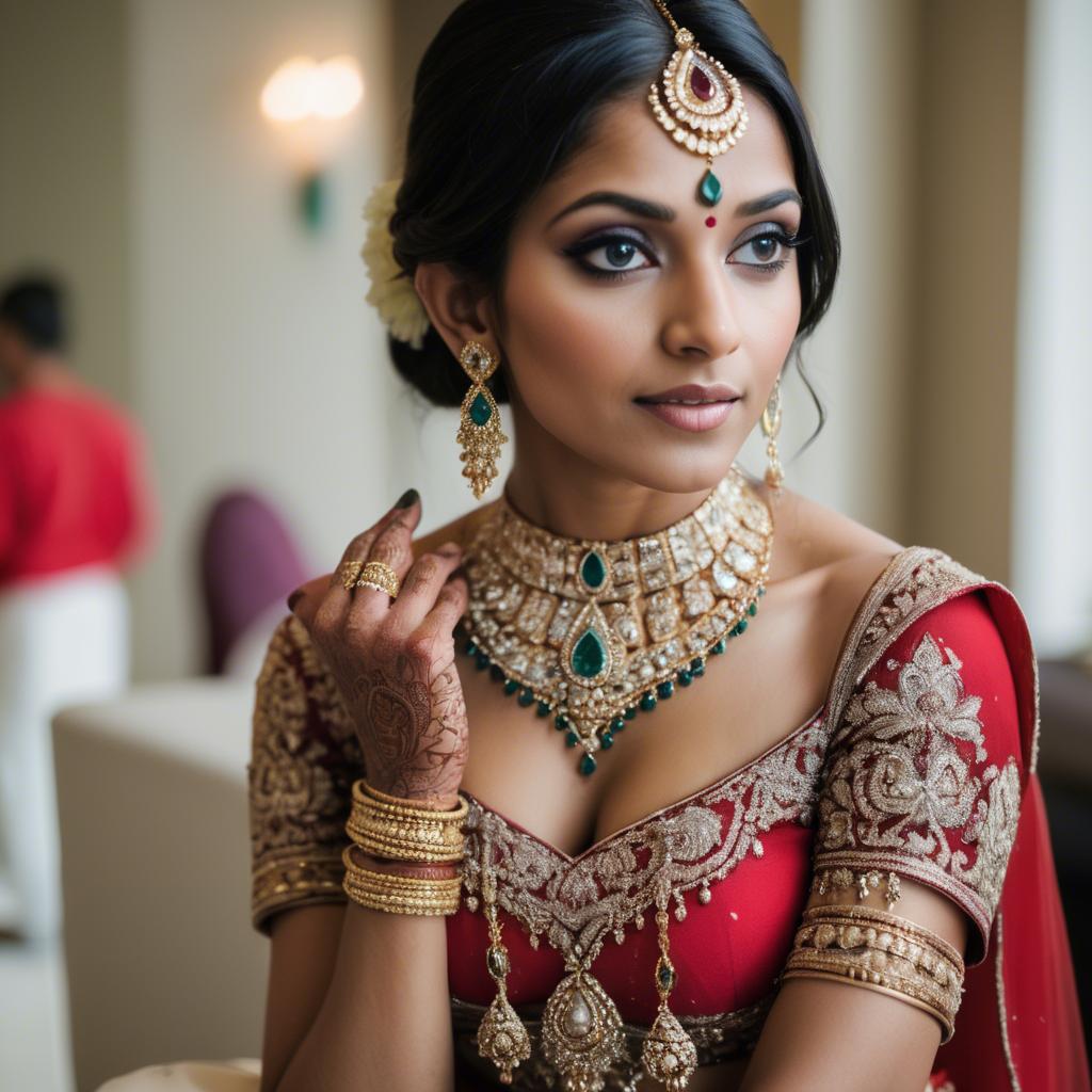 A stunning image of beautiful indian bride with intricate jewelry.