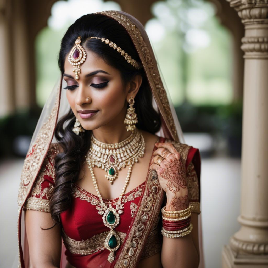 A stunning image of beautiful indian bride with intricate jewelry.