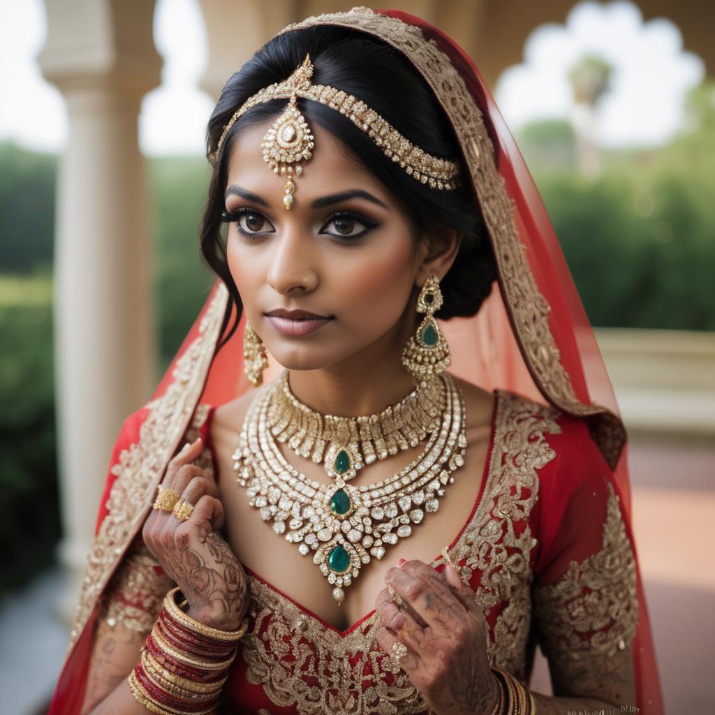 A stunning image of beautiful indian bride with intricate jewelry.