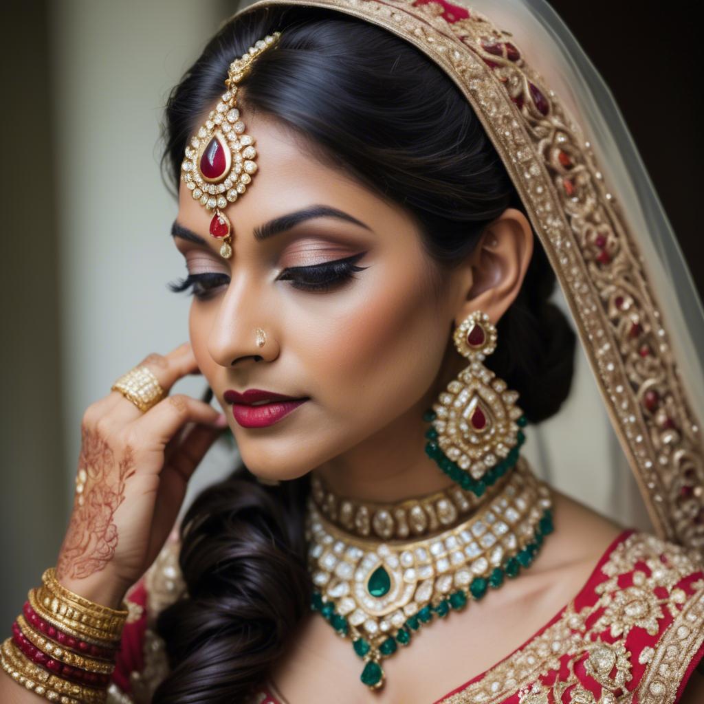 A stunning image of beautiful indian bride with intricate jewelry.