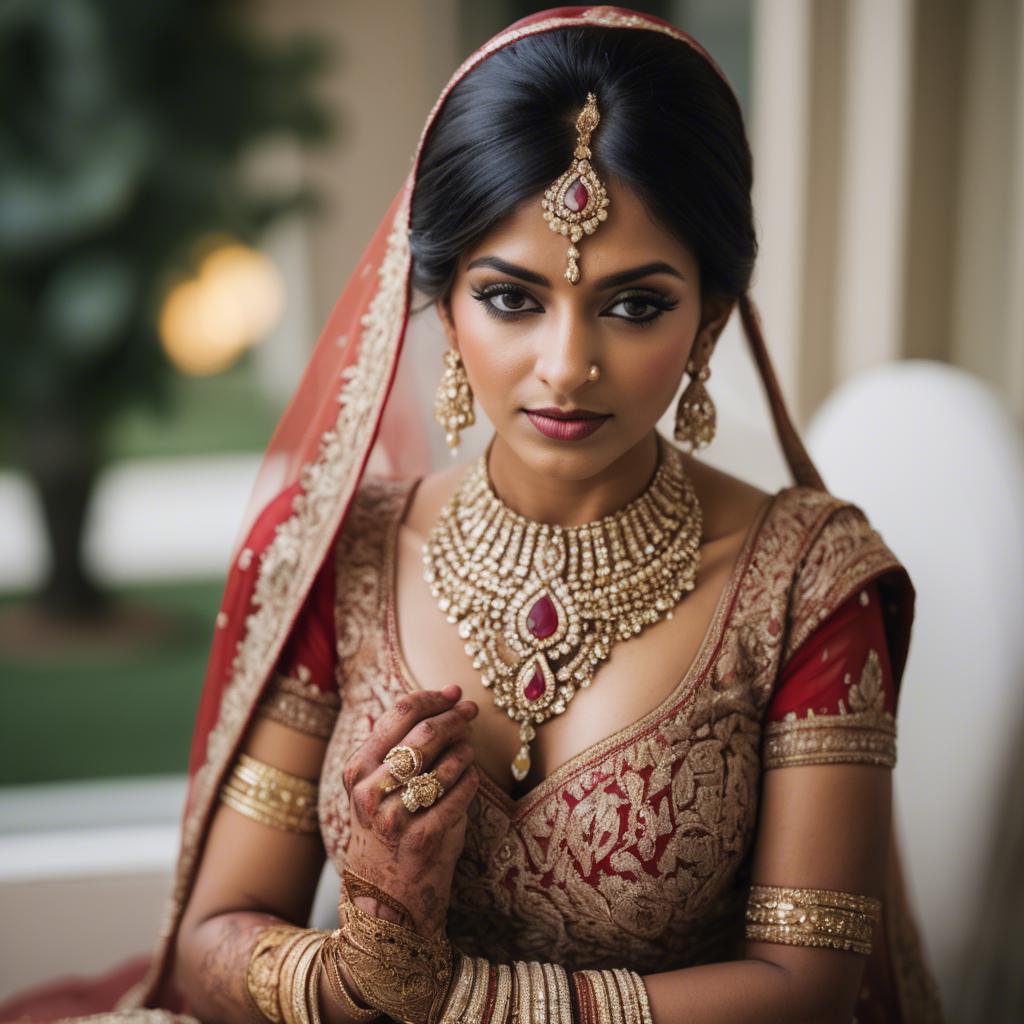 A stunning image of beautiful indian bride with intricate jewelry.