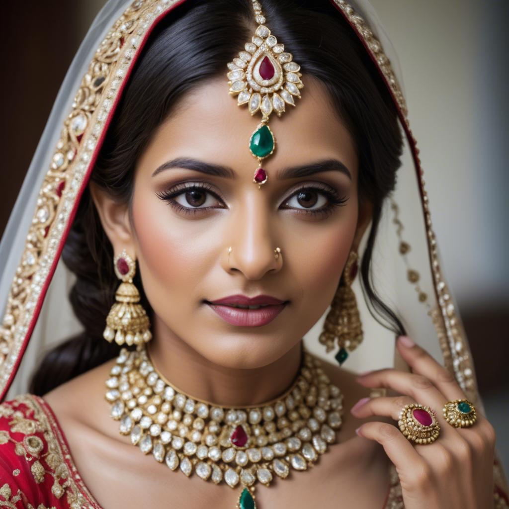 A stunning image of beautiful indian bride with intricate jewelry.