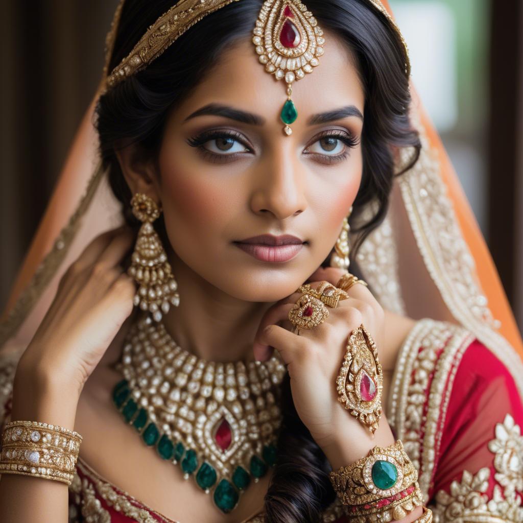 A stunning image of beautiful indian bride with intricate jewelry.