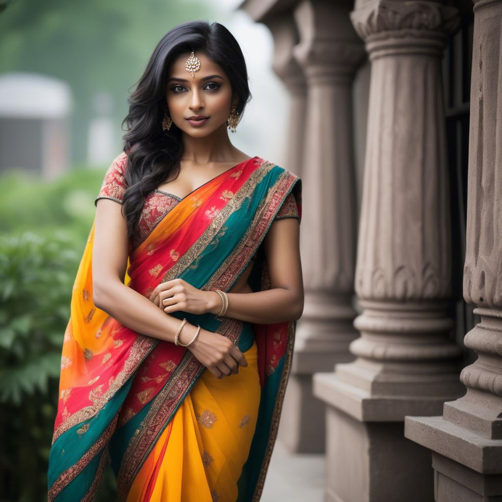 A stunning image of beautiful indian woman in a vibrant saree.