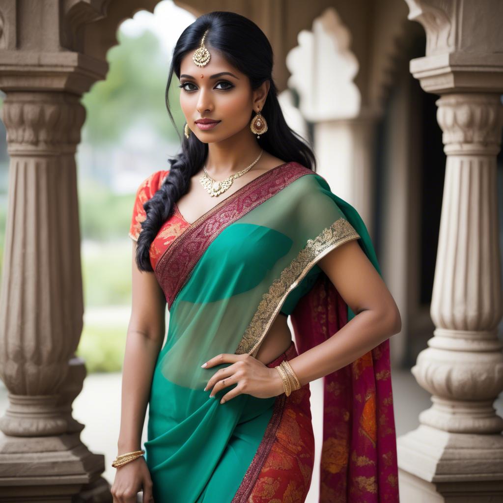 A stunning image of beautiful indian woman in a vibrant saree.