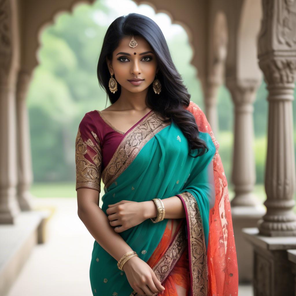 A stunning image of beautiful indian woman in a vibrant saree.