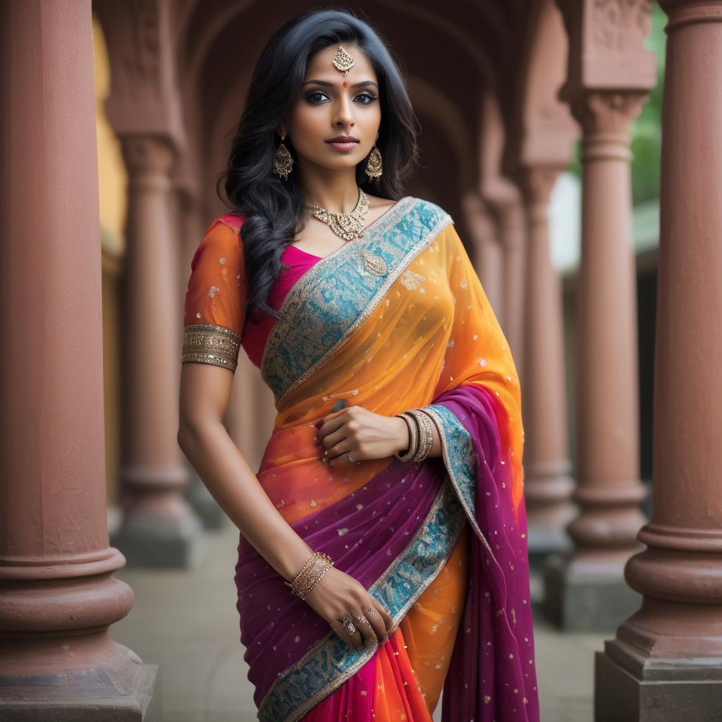 A stunning image of beautiful indian woman in a vibrant saree.