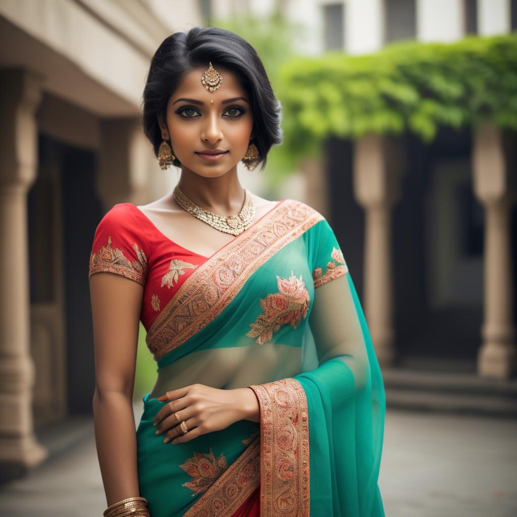 A stunning image of beautiful indian woman in a vibrant saree.