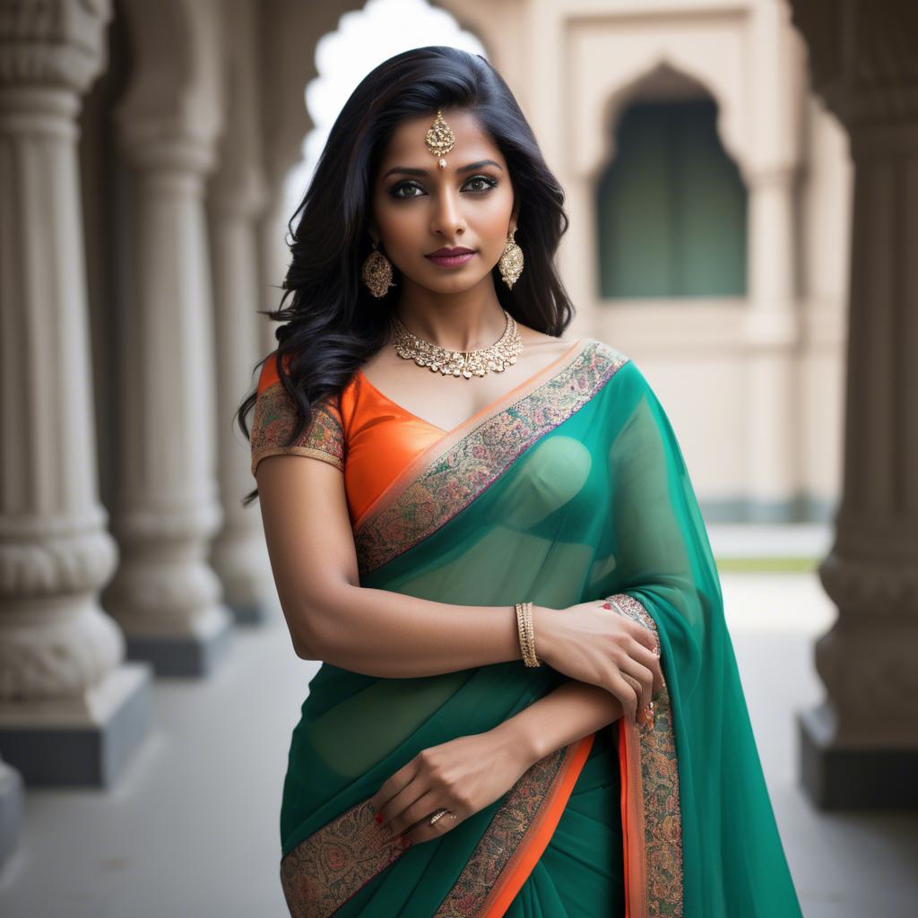 A stunning image of beautiful indian woman in a vibrant saree.