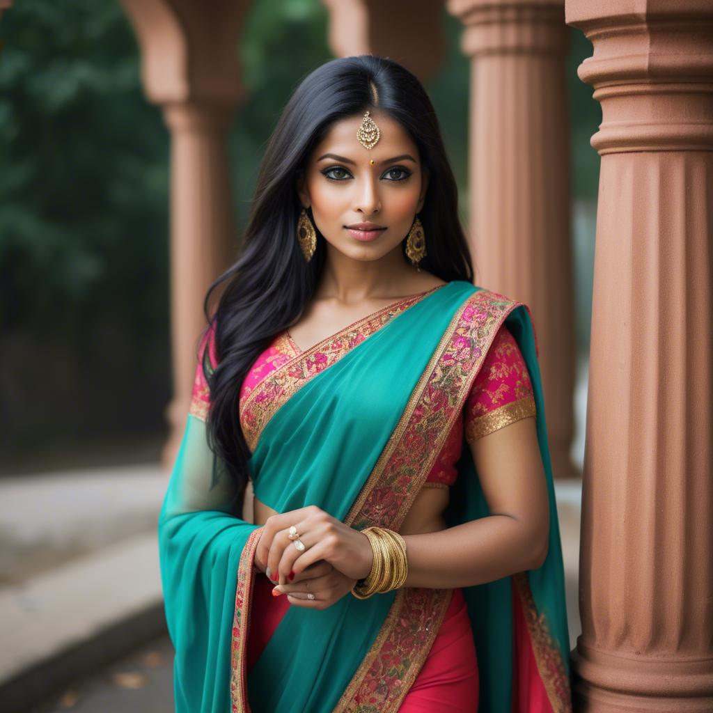 A stunning image of beautiful indian woman in a vibrant saree.