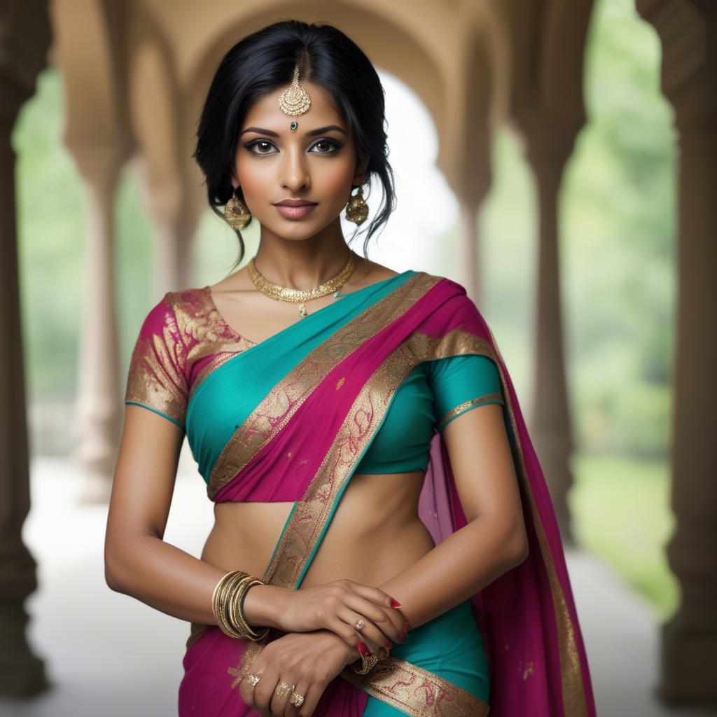 A stunning image of beautiful indian woman in a vibrant saree.