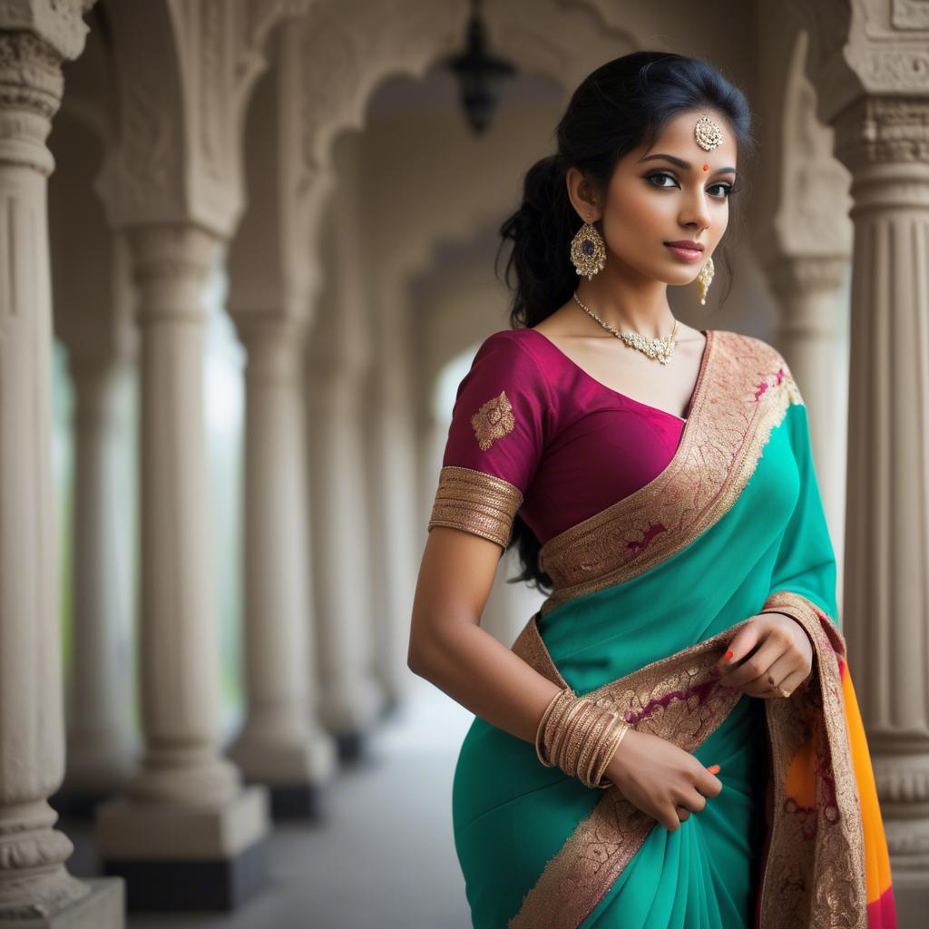 A stunning image of beautiful indian woman in a vibrant saree.