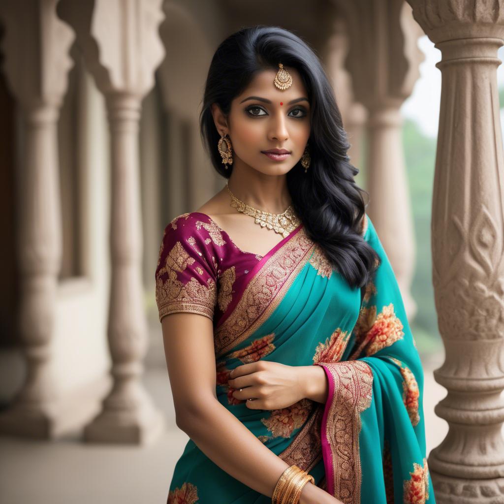 A stunning image of beautiful indian woman in a vibrant saree.