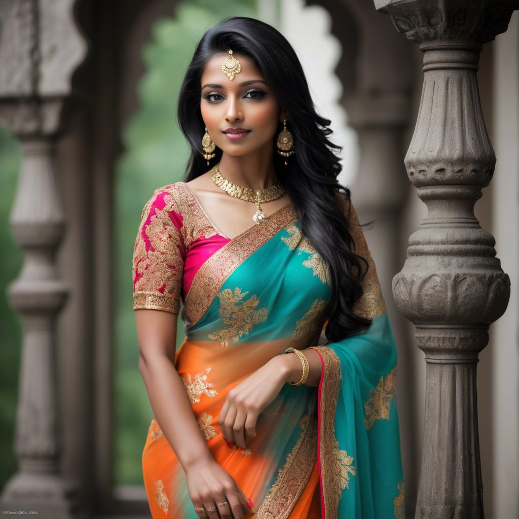 A stunning image of beautiful indian woman in a vibrant saree.