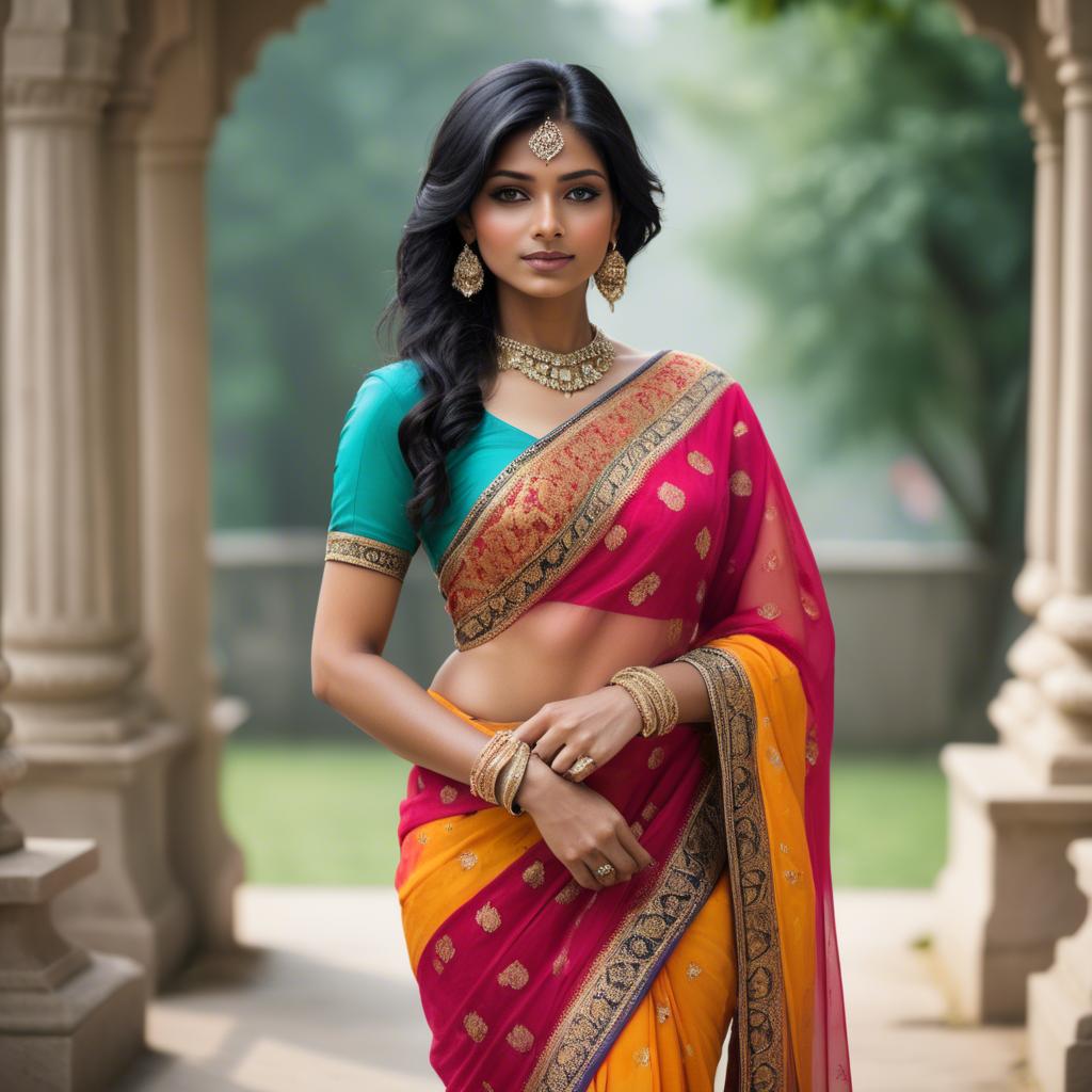 A stunning image of beautiful indian woman in a vibrant saree.