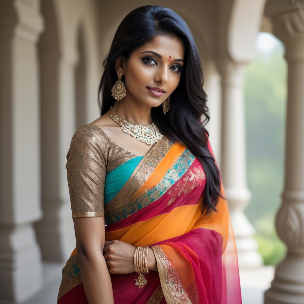 A stunning image of beautiful indian woman in a vibrant saree.