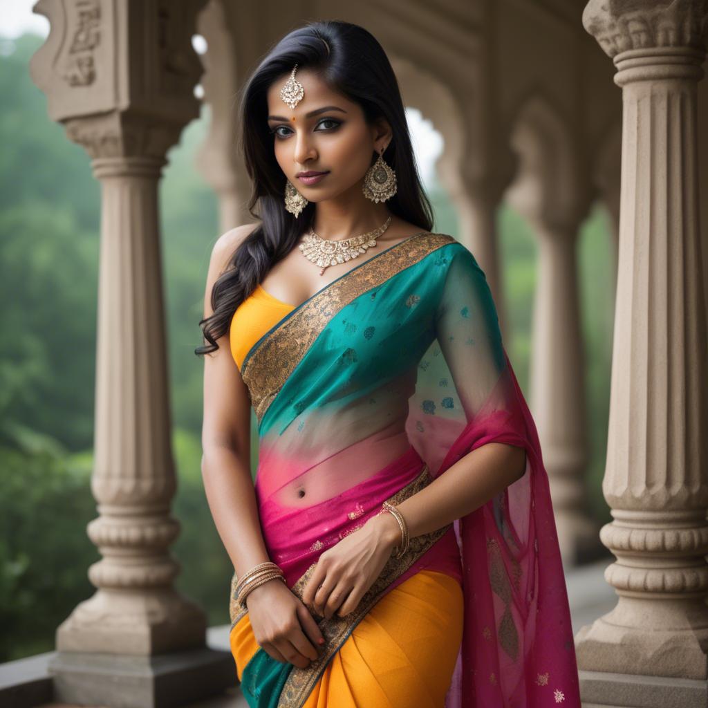 A stunning image of beautiful indian woman in a vibrant saree.