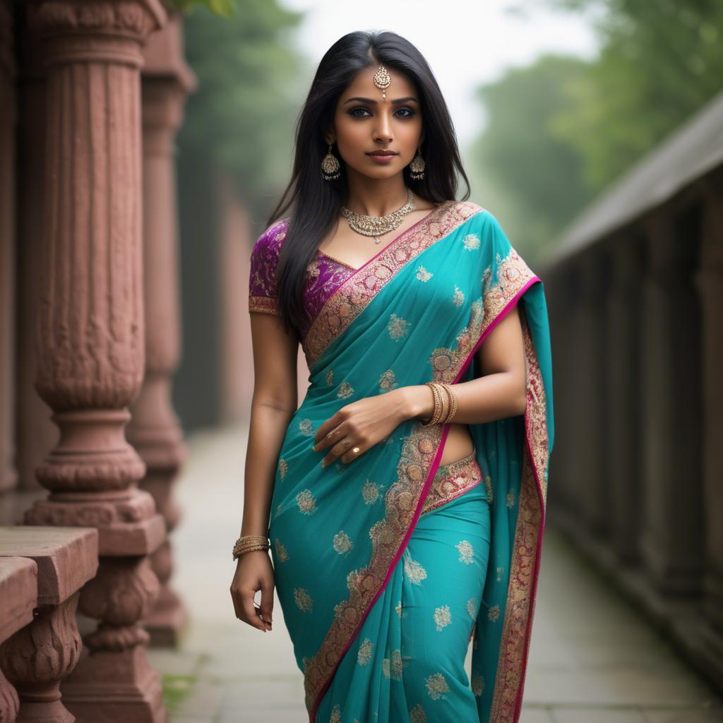 A stunning image of beautiful indian woman in a vibrant saree.