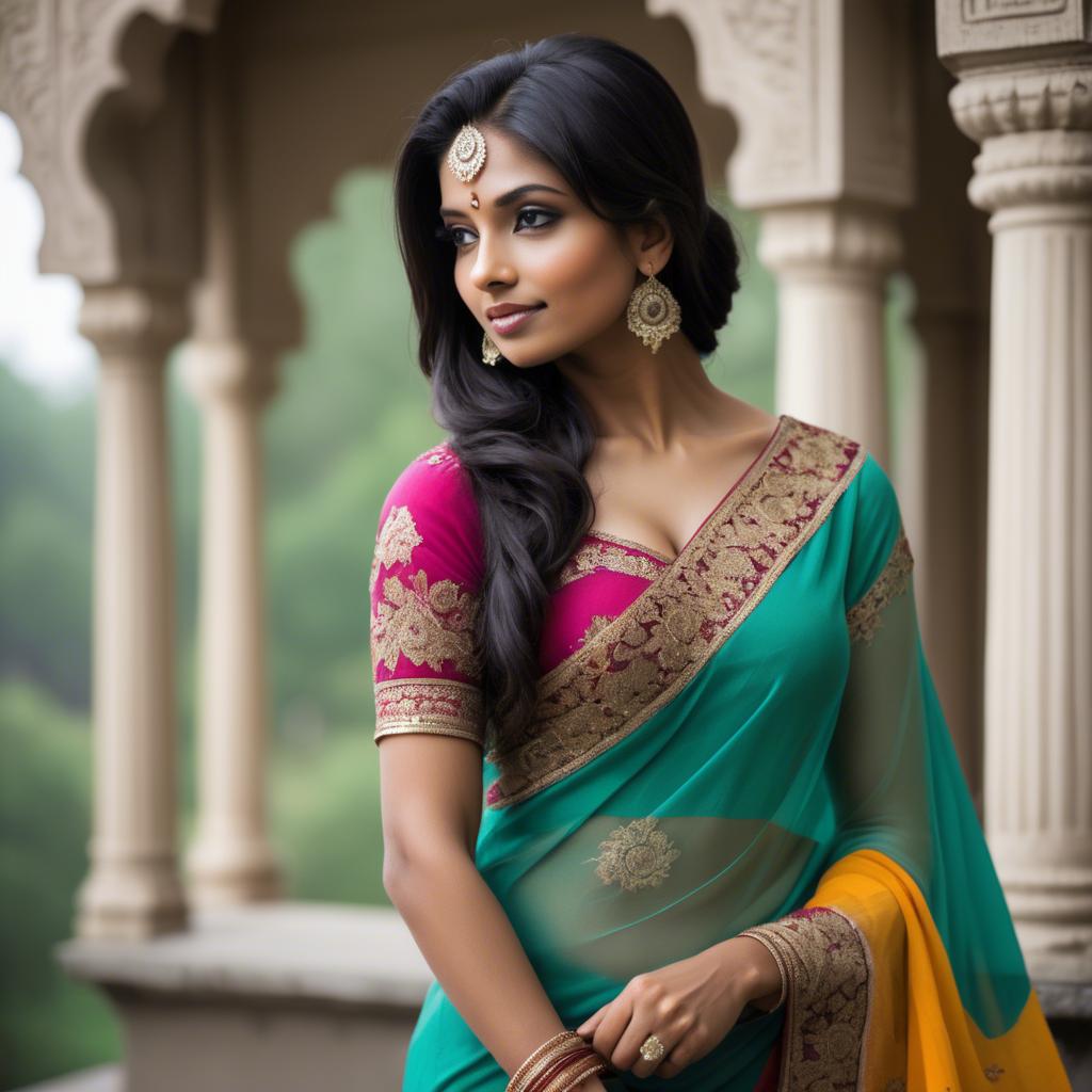 A stunning image of beautiful indian woman in a vibrant saree.