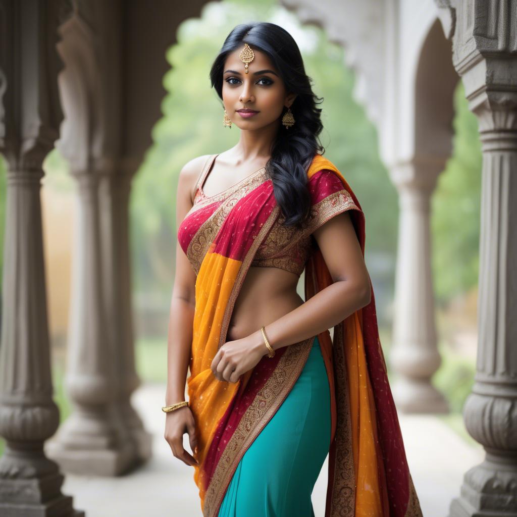 A stunning image of beautiful indian woman in a vibrant saree.