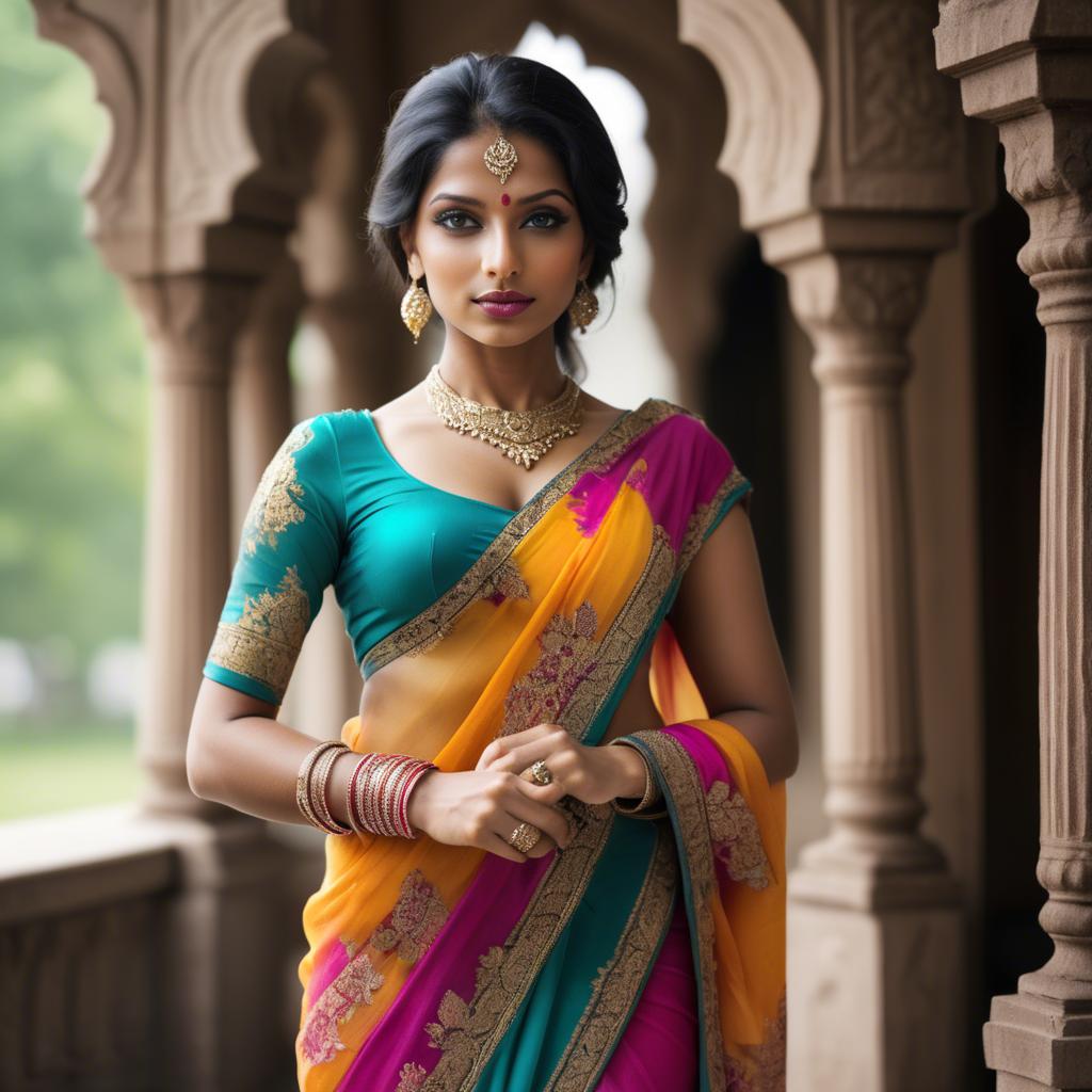 A stunning image of beautiful indian woman in a vibrant saree.