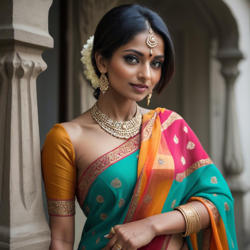 A stunning image of beautiful indian woman in a vibrant saree.