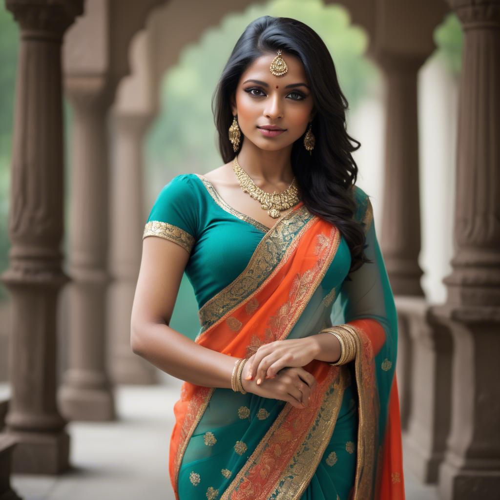 A stunning image of beautiful indian woman in a vibrant saree.