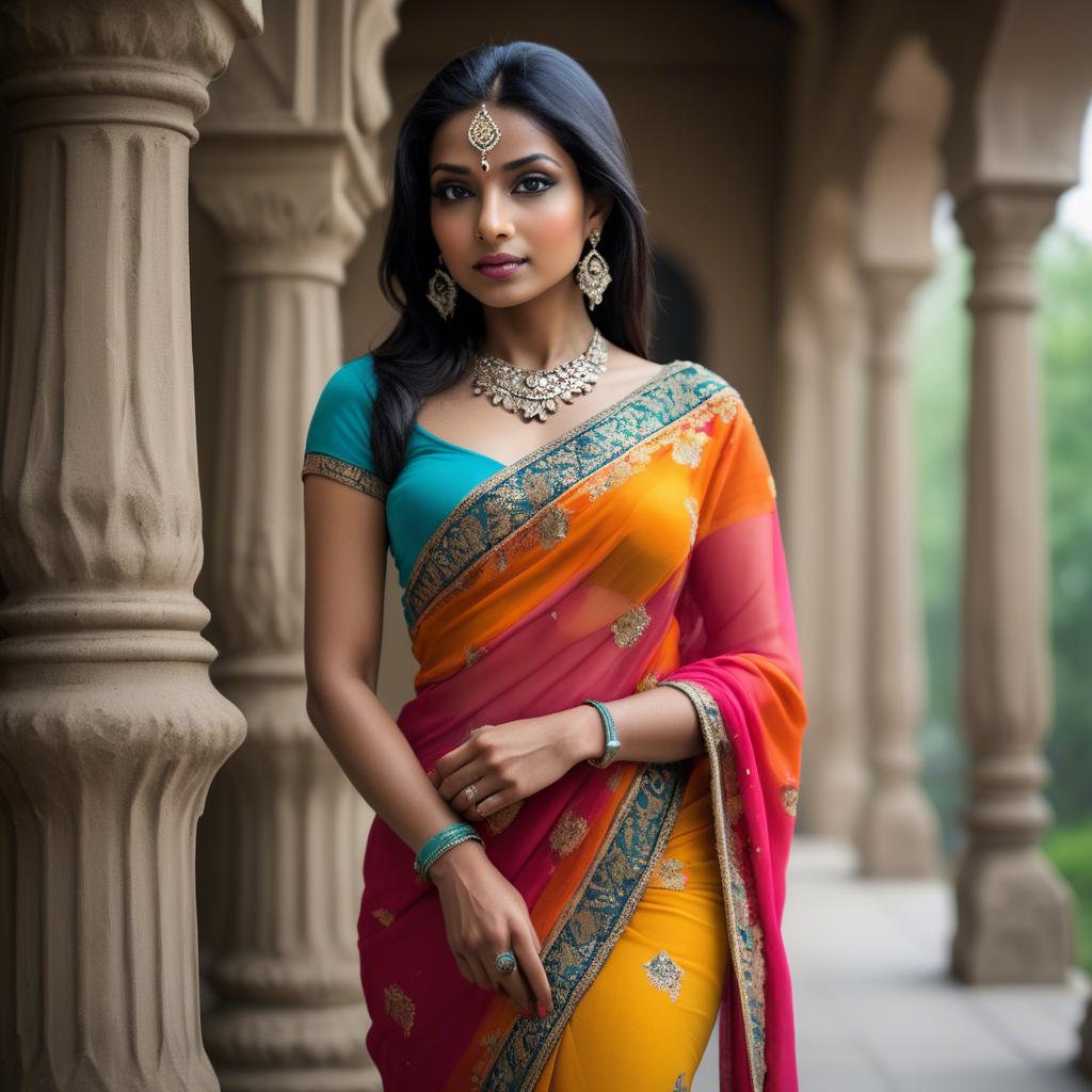 A stunning image of beautiful indian woman in a vibrant saree.