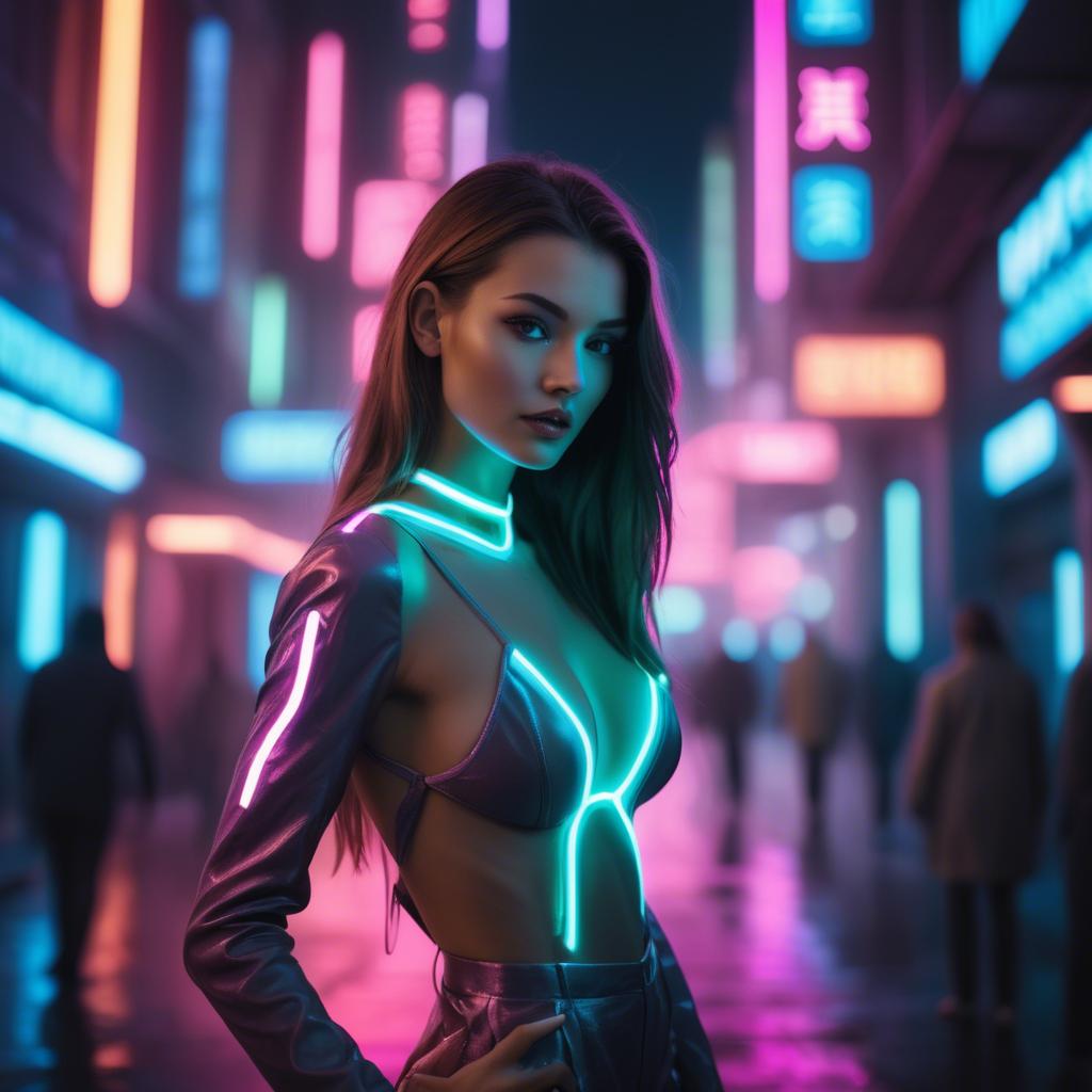 A stunning image of beautiful model in a neon-lit futuristic city.