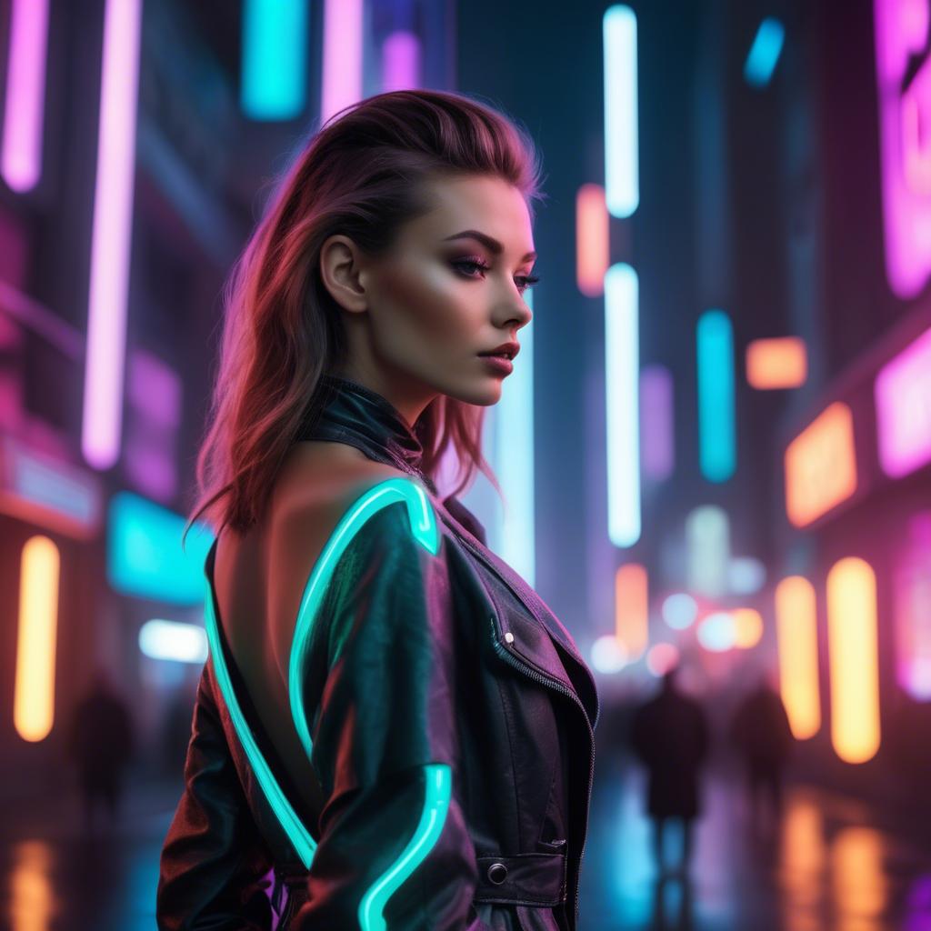 A stunning image of beautiful model in a neon-lit futuristic city.