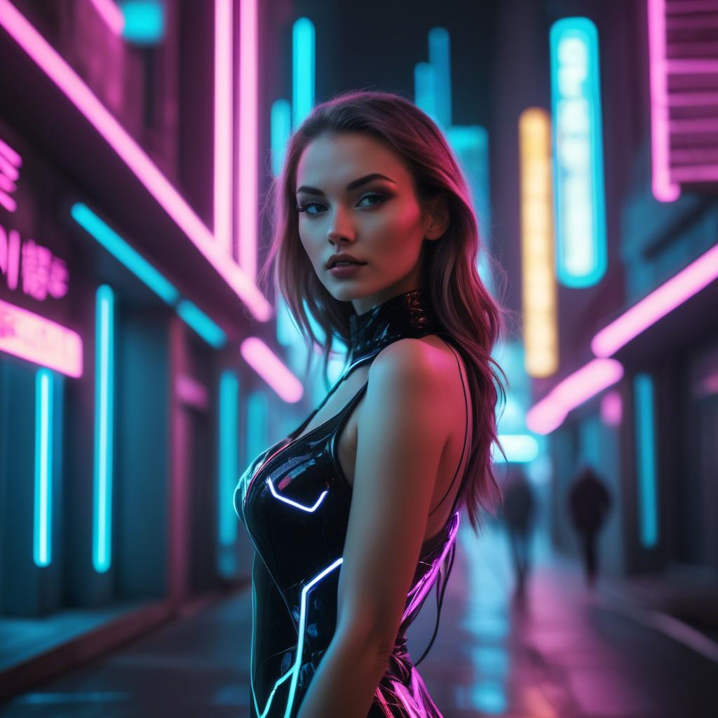 A stunning image of beautiful model in a neon-lit futuristic city.
