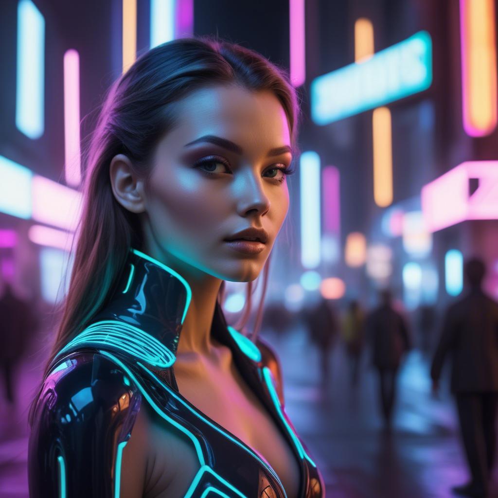 A stunning image of beautiful model in a neon-lit futuristic city.