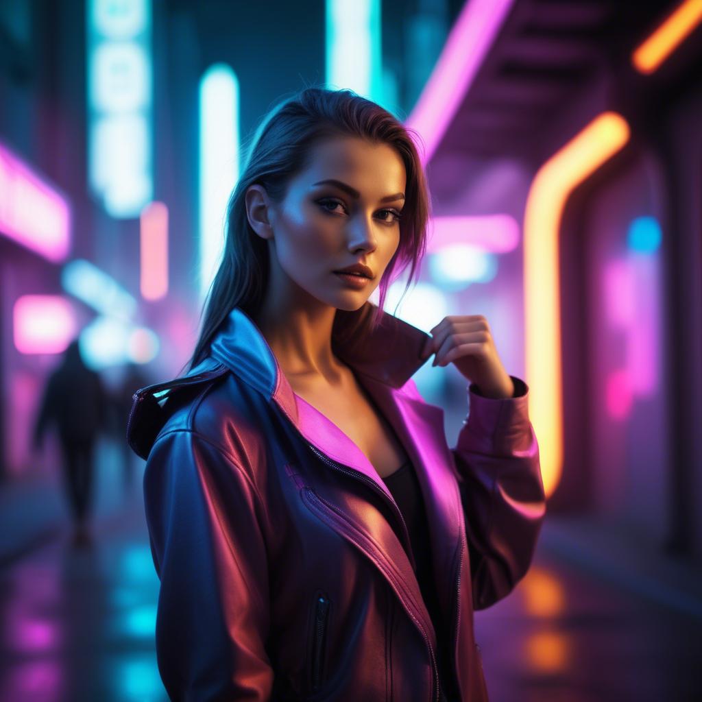 A stunning image of beautiful model in a neon-lit futuristic city.