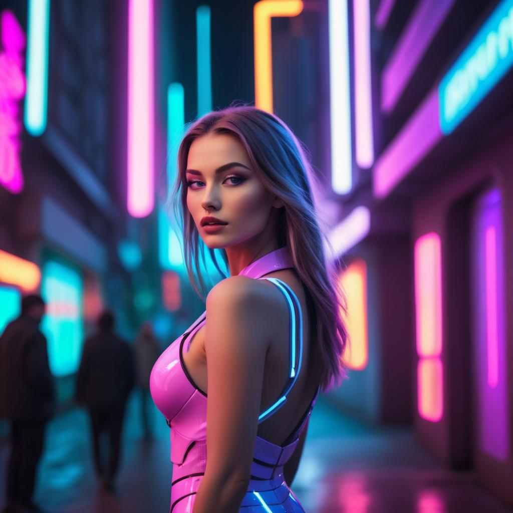 A stunning image of beautiful model in a neon-lit futuristic city.
