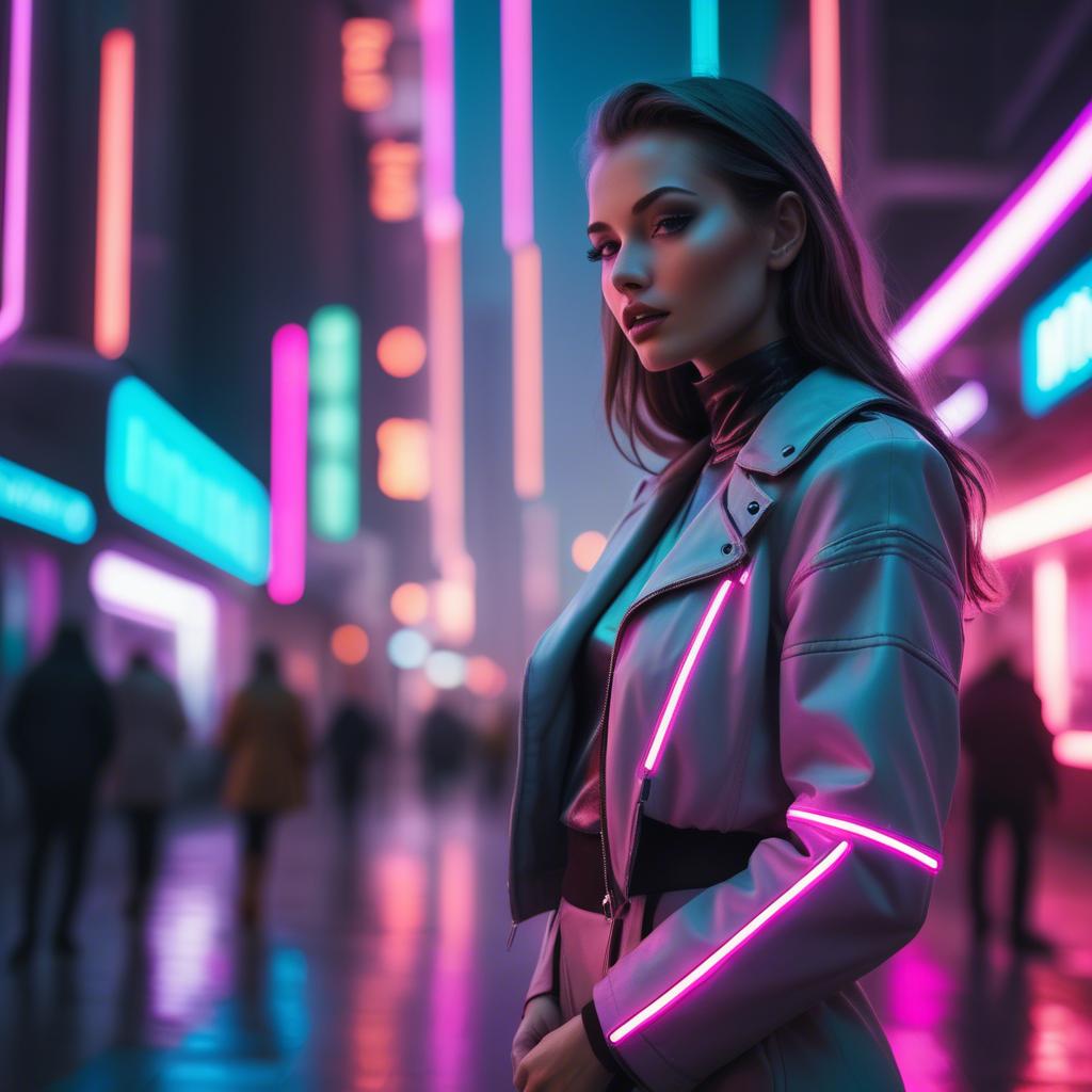 A stunning image of beautiful model in a neon-lit futuristic city.