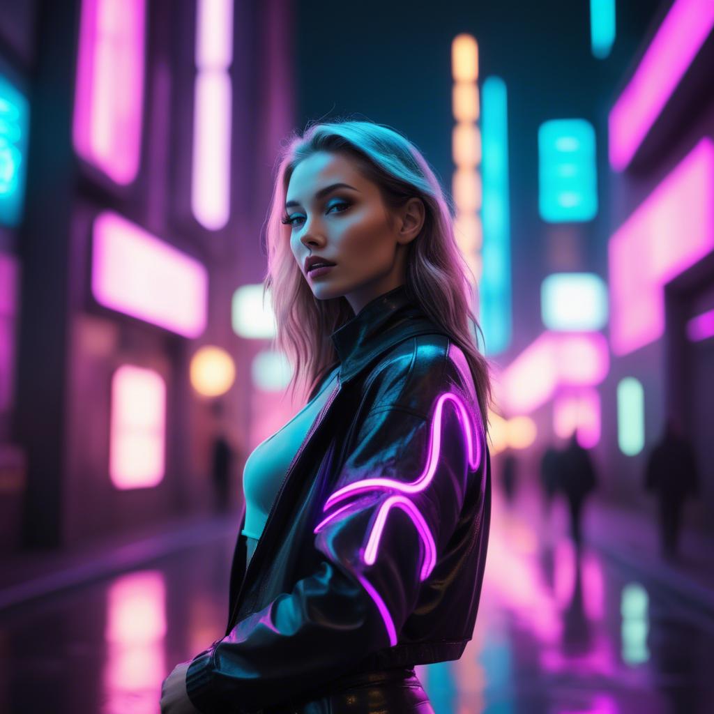 A stunning image of beautiful model in a neon-lit futuristic city.