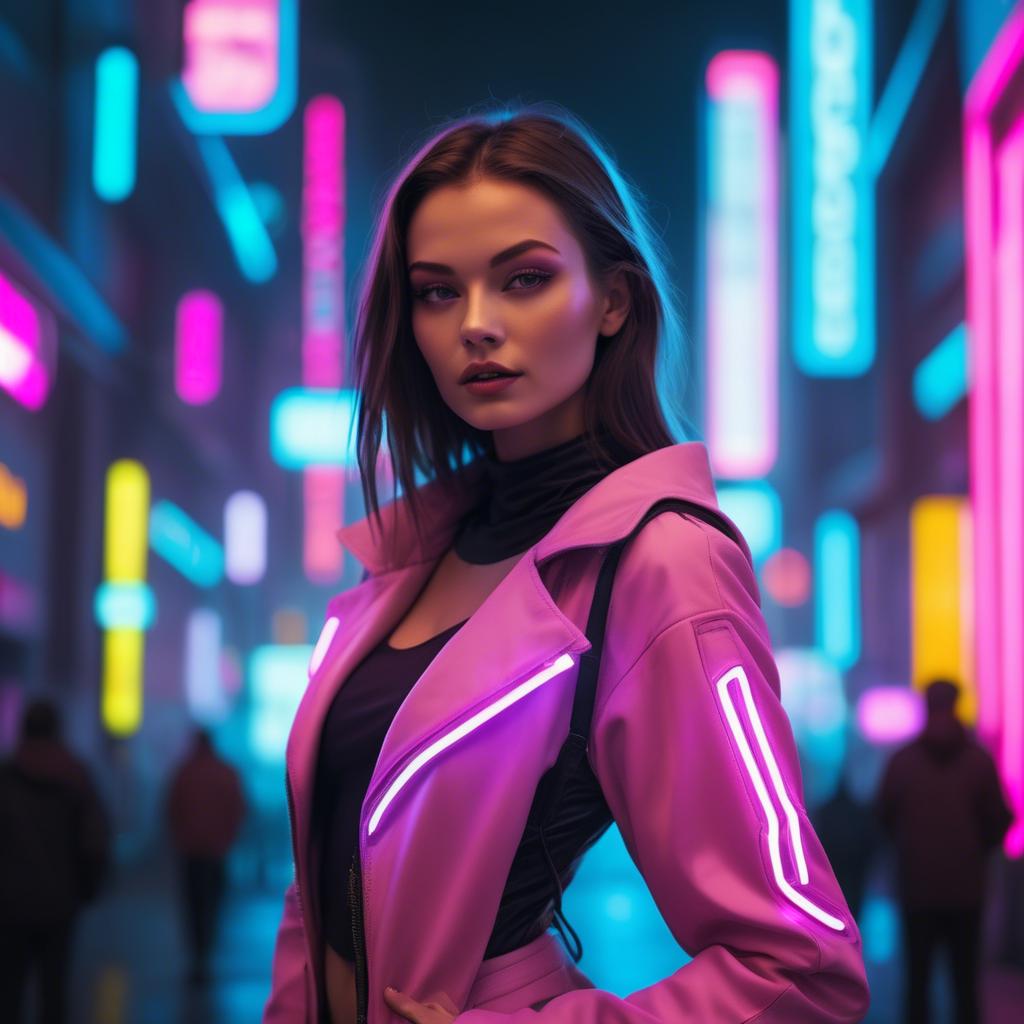 A stunning image of beautiful model in a neon-lit futuristic city.