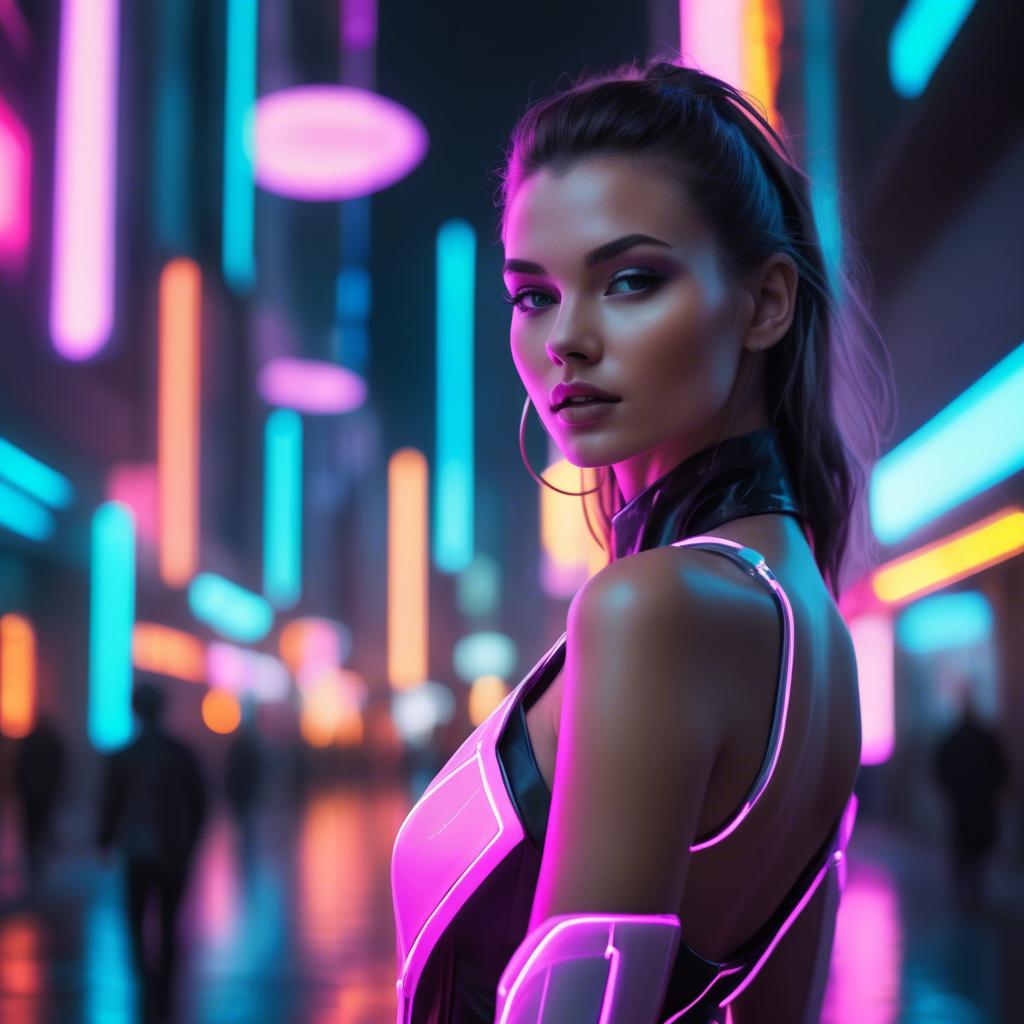 A stunning image of beautiful model in a neon-lit futuristic city.