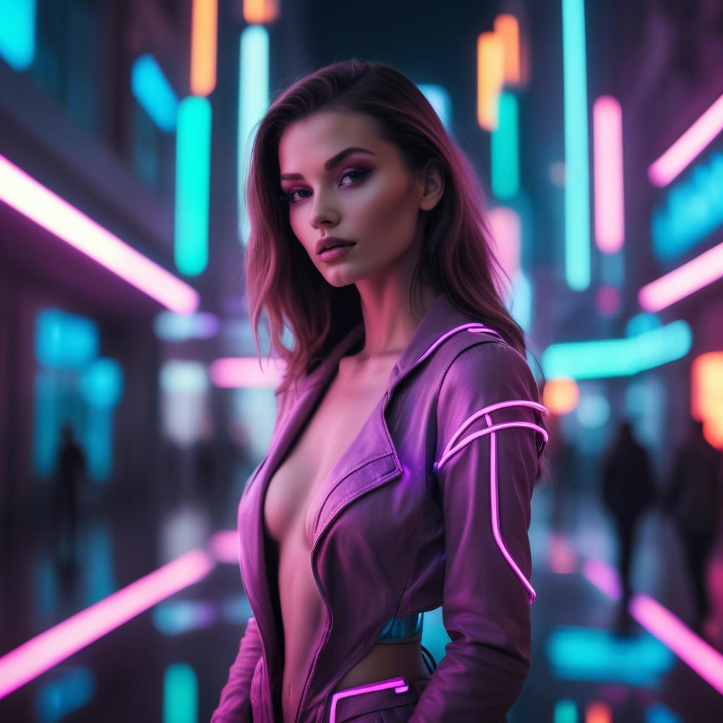A stunning image of beautiful model in a neon-lit futuristic city.
