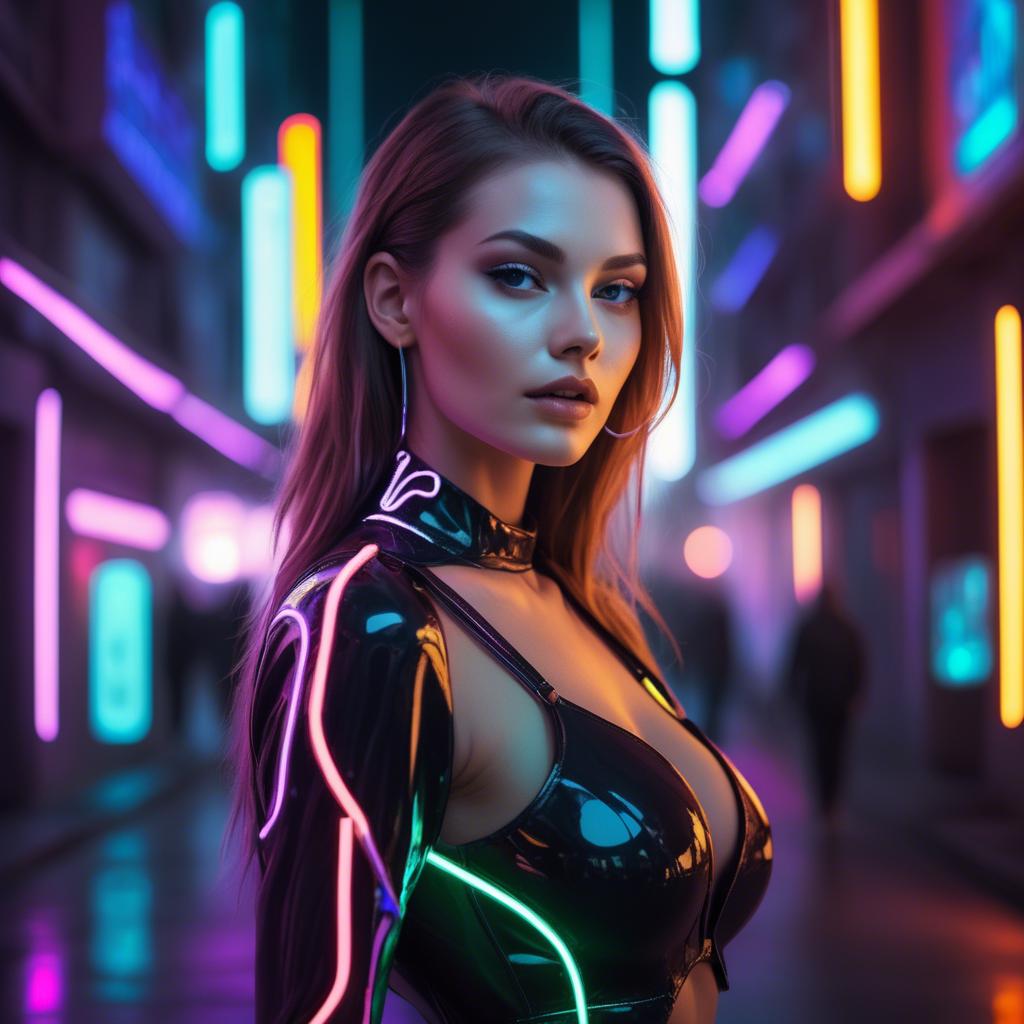 A stunning image of beautiful model in a neon-lit futuristic city.