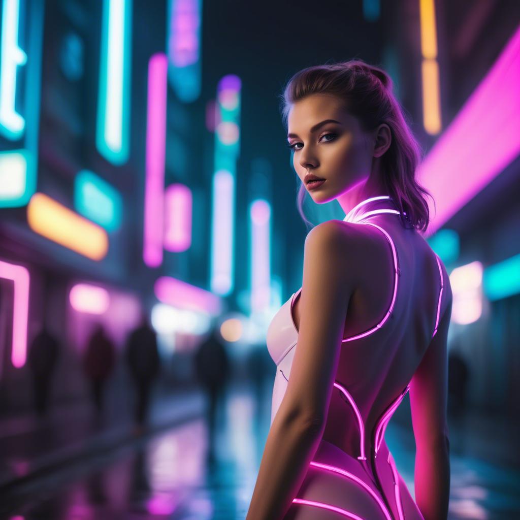 A stunning image of beautiful model in a neon-lit futuristic city.